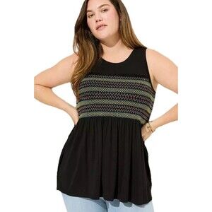 TORRID 1X Super Soft Smocked Tank Black Geometric Crew Neck Sleeveless Top